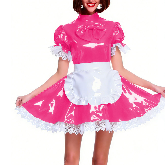 Women's Shiny PVC Pleated Mini Maid Dress with Apron Puff Short Sleeve Lace Trim French Maid Uniforms Raves Party Cosplay Outfit