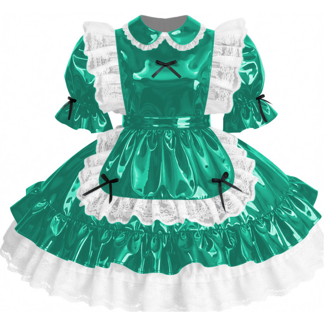 Womens Sissy Ruffles PVC Shiny Leather Maid Mini Dress Outfit Unisex Party Peter Pan Collar Pleated Dress Carnival Fancy Dress