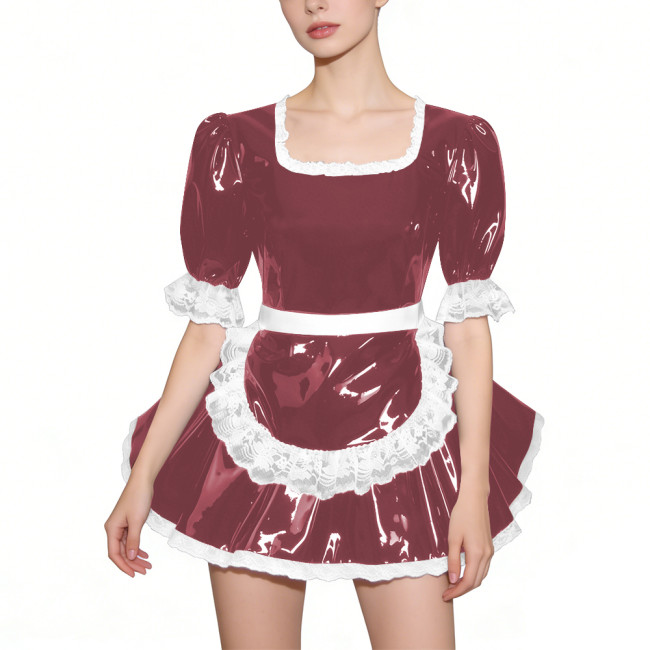 Glossy Half Sleeves PVC French Maid Dress with Apron Womens Square Collar Lace Trim A-line Mini Dress for Cosplay Halloween 7XL