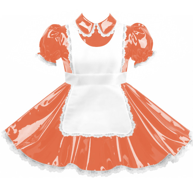 Crossdresser Sissy Shiny Vinyl PVC Leather Maid Outfit Vintage Short Sleeves Apron Maid Dress for Carnival Cosplay Party Sets
