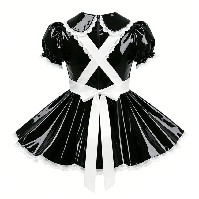 Crossdresser Sissy Shiny Vinyl PVC Leather Maid Outfit Vintage Short Sleeves Apron Maid Dress for Carnival Cosplay Party Sets