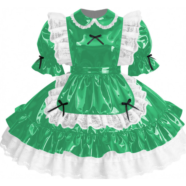 Womens Sissy Ruffles PVC Shiny Leather Maid Mini Dress Outfit Unisex Party Peter Pan Collar Pleated Dress Carnival Fancy Dress