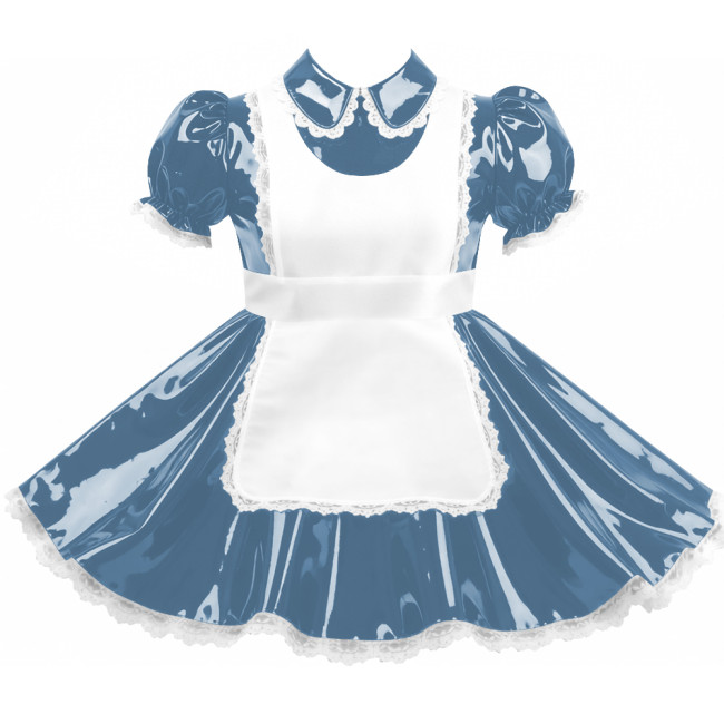 Crossdresser Sissy Shiny Vinyl PVC Leather Maid Outfit Vintage Short Sleeves Apron Maid Dress for Carnival Cosplay Party Sets