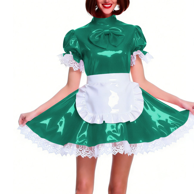 Women's Shiny PVC Pleated Mini Maid Dress with Apron Puff Short Sleeve Lace Trim French Maid Uniforms Raves Party Cosplay Outfit