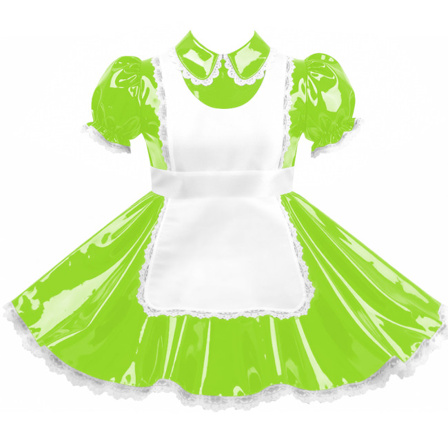 Crossdresser Sissy Shiny Vinyl PVC Leather Maid Outfit Vintage Short Sleeves Apron Maid Dress for Carnival Cosplay Party Sets