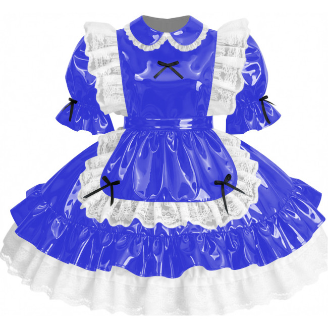 Womens Sissy Ruffles PVC Shiny Leather Maid Mini Dress Outfit Unisex Party Peter Pan Collar Pleated Dress Carnival Fancy Dress