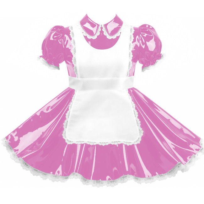 Crossdresser Sissy Shiny Vinyl PVC Leather Maid Outfit Vintage Short Sleeves Apron Maid Dress for Carnival Cosplay Party Sets