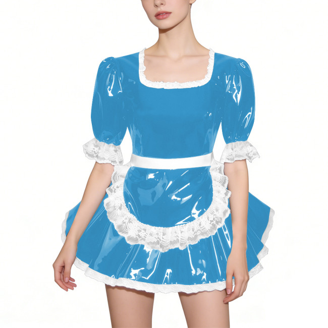 Glossy Half Sleeves PVC French Maid Dress with Apron Womens Square Collar Lace Trim A-line Mini Dress for Cosplay Halloween 7XL