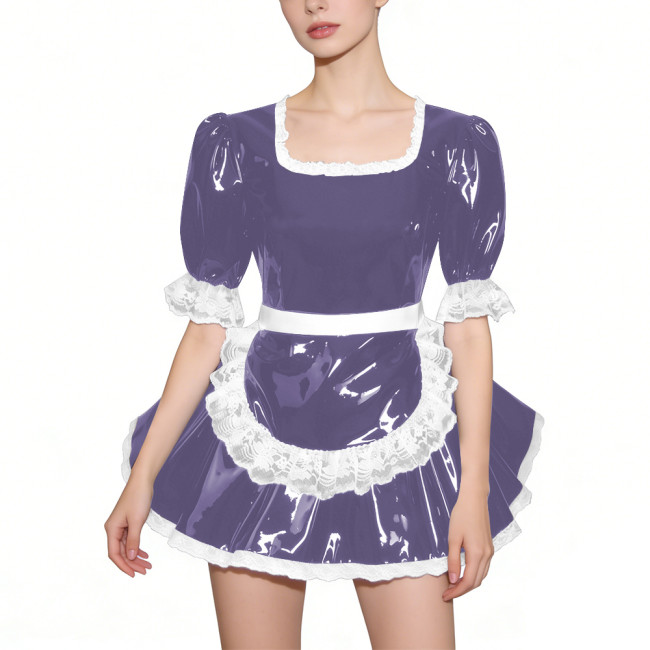 Glossy Half Sleeves PVC French Maid Dress with Apron Womens Square Collar Lace Trim A-line Mini Dress for Cosplay Halloween 7XL