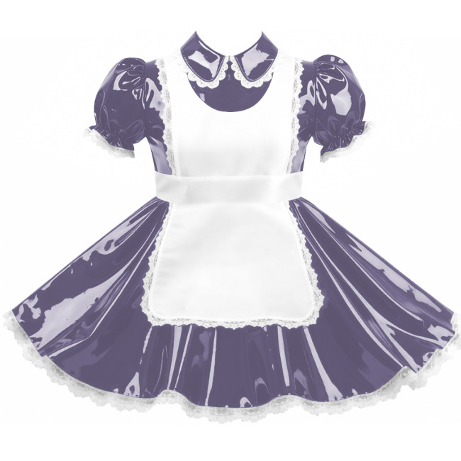 Crossdresser Sissy Shiny Vinyl PVC Leather Maid Outfit Vintage Short Sleeves Apron Maid Dress for Carnival Cosplay Party Sets