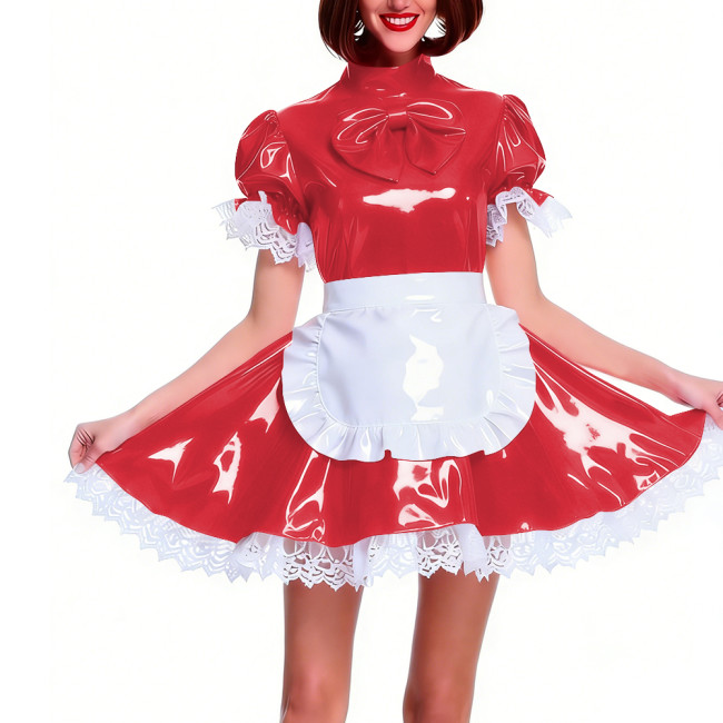 Women's Shiny PVC Pleated Mini Maid Dress with Apron Puff Short Sleeve Lace Trim French Maid Uniforms Raves Party Cosplay Outfit