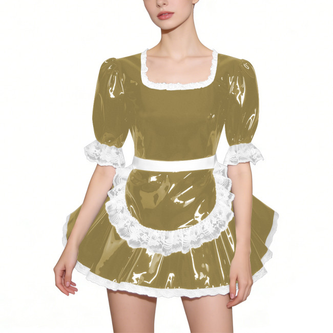 Glossy Half Sleeves PVC French Maid Dress with Apron Womens Square Collar Lace Trim A-line Mini Dress for Cosplay Halloween 7XL
