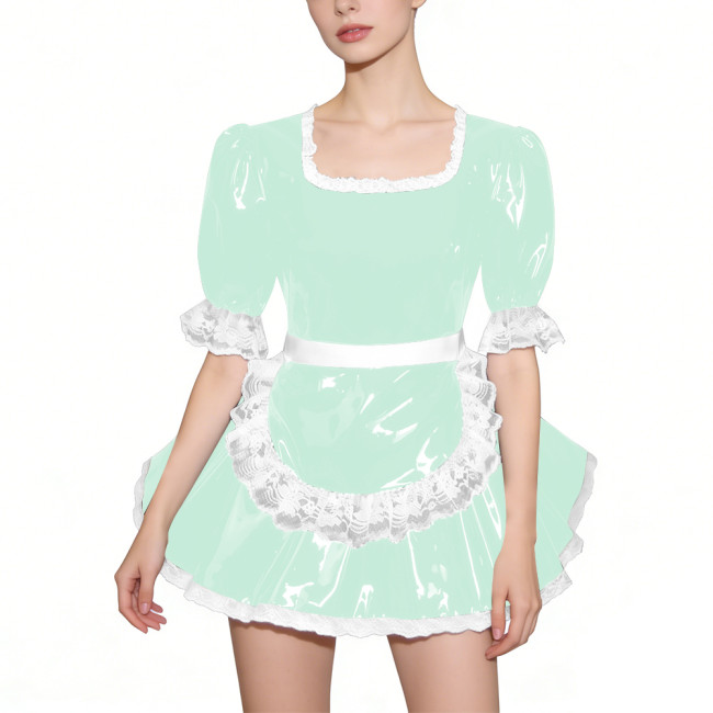 Glossy Half Sleeves PVC French Maid Dress with Apron Womens Square Collar Lace Trim A-line Mini Dress for Cosplay Halloween 7XL