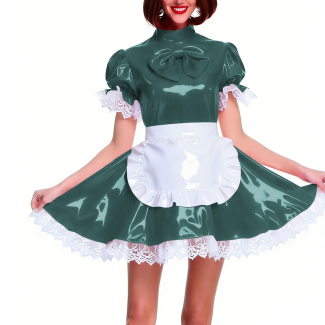 Women's Shiny PVC Pleated Mini Maid Dress with Apron Puff Short Sleeve Lace Trim French Maid Uniforms Raves Party Cosplay Outfit