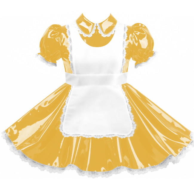 Crossdresser Sissy Shiny Vinyl PVC Leather Maid Outfit Vintage Short Sleeves Apron Maid Dress for Carnival Cosplay Party Sets