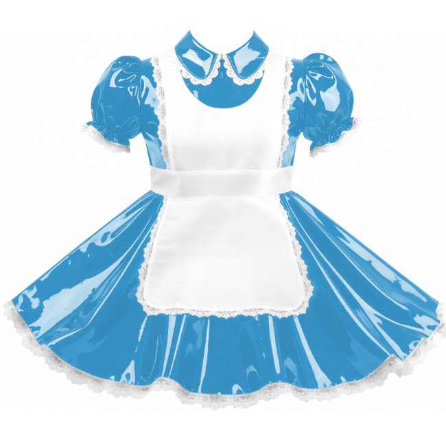 Crossdresser Sissy Shiny Vinyl PVC Leather Maid Outfit Vintage Short Sleeves Apron Maid Dress for Carnival Cosplay Party Sets