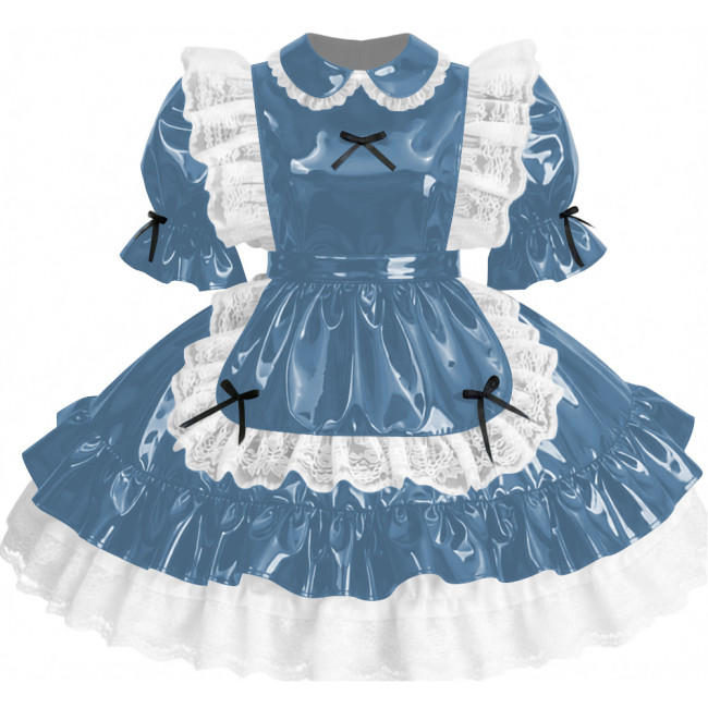 Womens Sissy Ruffles PVC Shiny Leather Maid Mini Dress Outfit Unisex Party Peter Pan Collar Pleated Dress Carnival Fancy Dress
