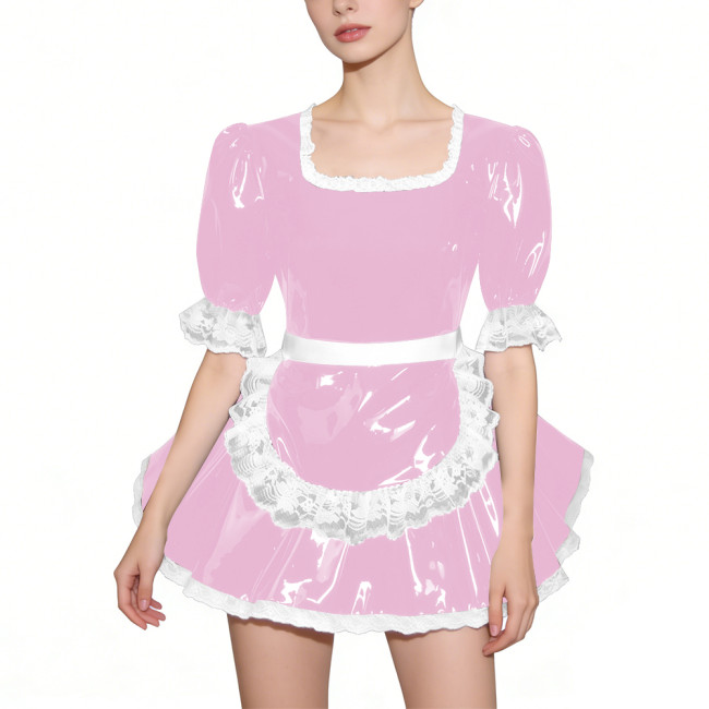 Glossy Half Sleeves PVC French Maid Dress with Apron Womens Square Collar Lace Trim A-line Mini Dress for Cosplay Halloween 7XL