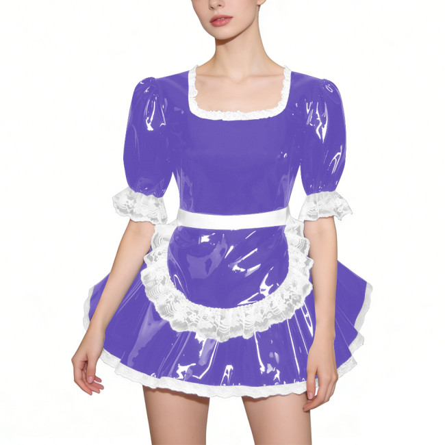 Glossy Half Sleeves PVC French Maid Dress with Apron Womens Square Collar Lace Trim A-line Mini Dress for Cosplay Halloween 7XL