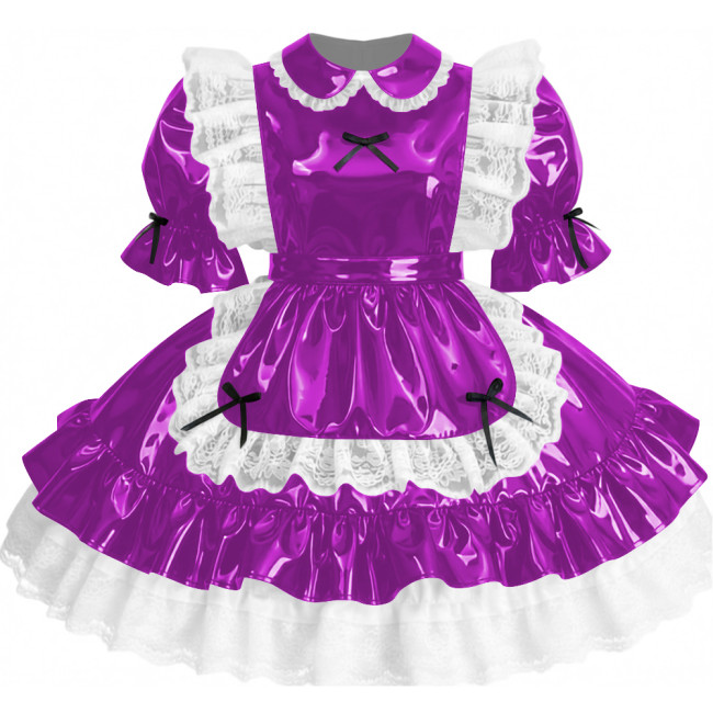 Womens Sissy Ruffles PVC Shiny Leather Maid Mini Dress Outfit Unisex Party Peter Pan Collar Pleated Dress Carnival Fancy Dress