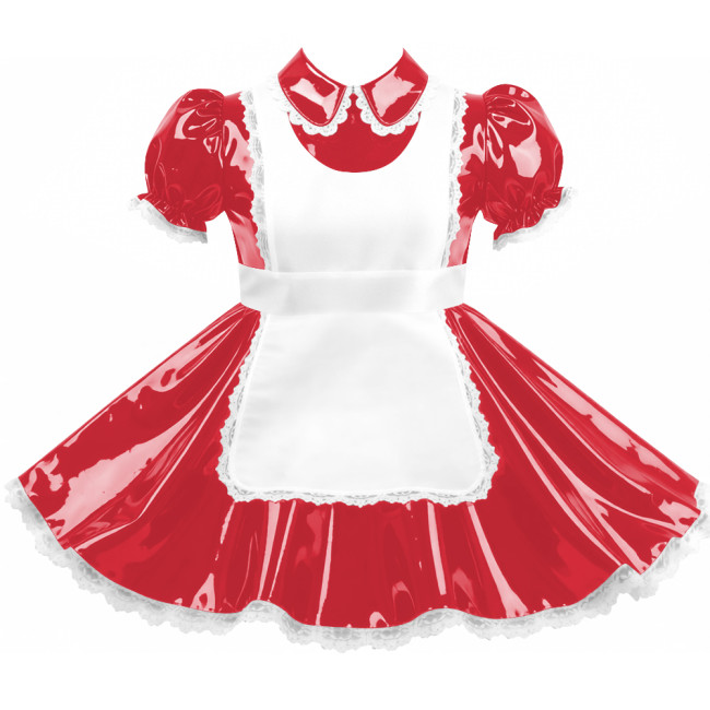 Crossdresser Sissy Shiny Vinyl PVC Leather Maid Outfit Vintage Short Sleeves Apron Maid Dress for Carnival Cosplay Party Sets