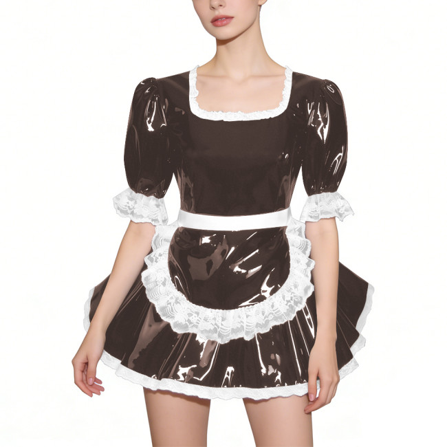 Glossy Half Sleeves PVC French Maid Dress with Apron Womens Square Collar Lace Trim A-line Mini Dress for Cosplay Halloween 7XL