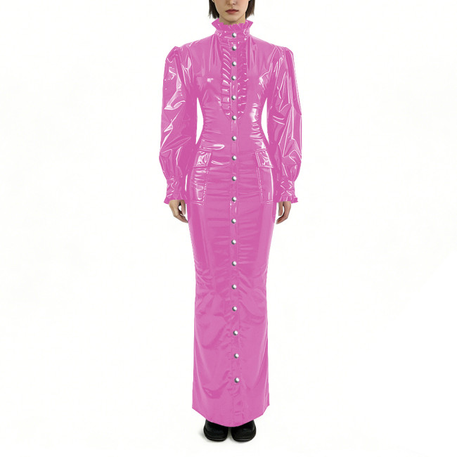 Glossy PVC Long Pencil Dress Plus Size Womens Clothing Puff Long Sleeves Button Down Bodycon Dress Female Gothic Party Outfits