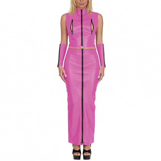 Club Sexy Matte Faux Leather 3-Piece Set Sleeveless Zip-Up Crop Top Long Skirt Arm Sleeves Exotic Party Cosplay Festival Outfits