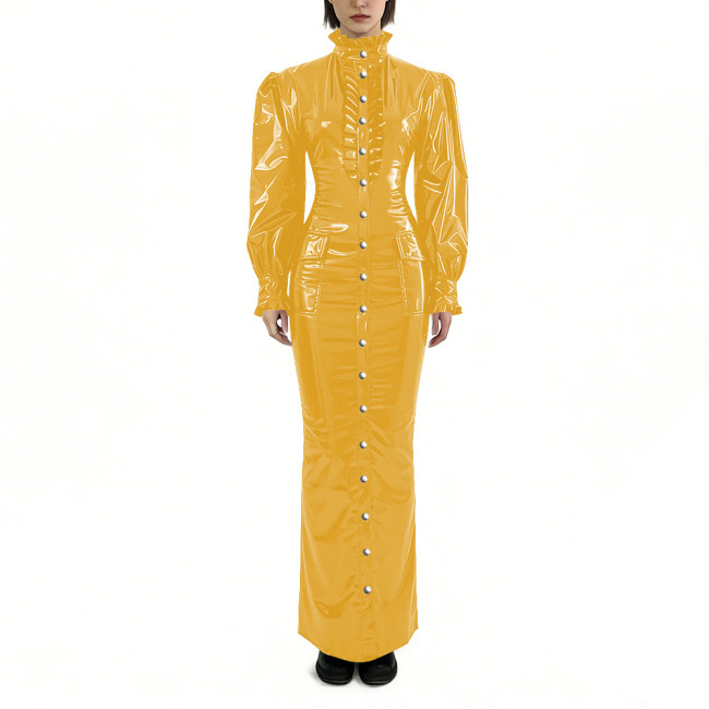 Glossy PVC Long Pencil Dress Plus Size Womens Clothing Puff Long Sleeves Button Down Bodycon Dress Female Gothic Party Outfits