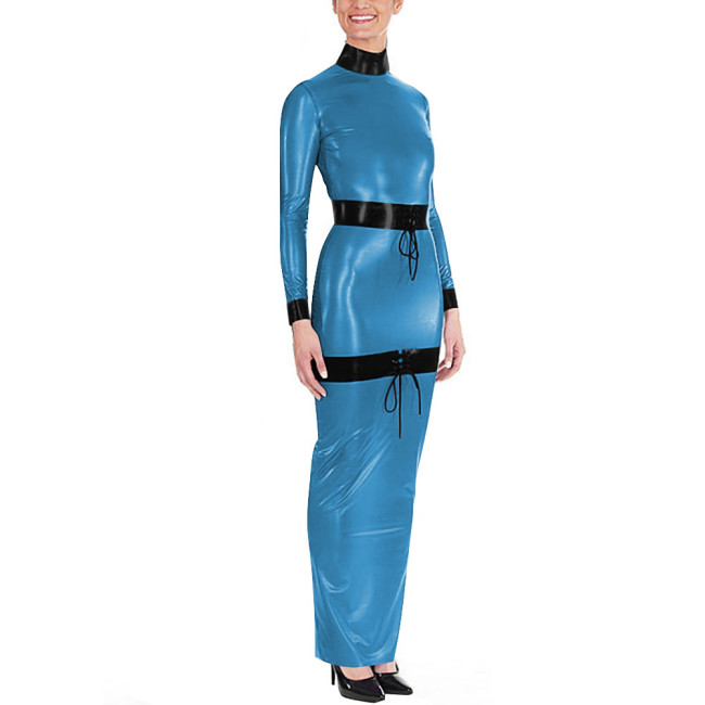 Sissy High Neck Glossy PVC Leather Maxi Dress Women's Long Sleeve Faux Latex-like Party Dress Fetish Clubwear Halloween Cosplay