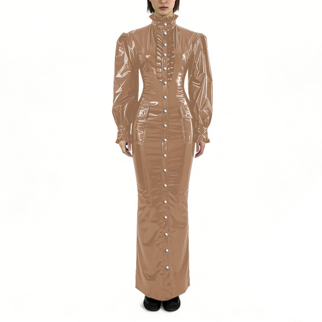 Glossy PVC Long Pencil Dress Plus Size Womens Clothing Puff Long Sleeves Button Down Bodycon Dress Female Gothic Party Outfits