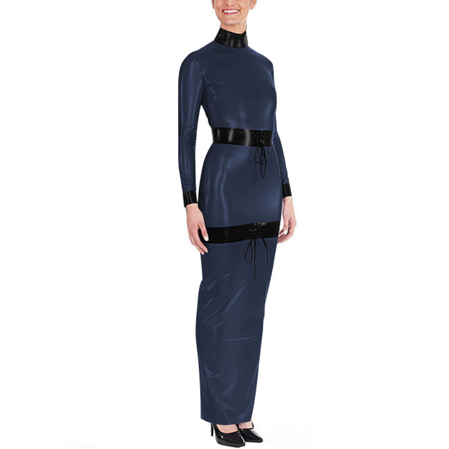 Sissy High Neck Glossy PVC Leather Maxi Dress Women's Long Sleeve Faux Latex-like Party Dress Fetish Clubwear Halloween Cosplay