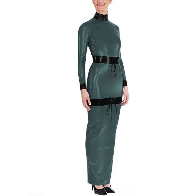 Sissy High Neck Glossy PVC Leather Maxi Dress Women's Long Sleeve Faux Latex-like Party Dress Fetish Clubwear Halloween Cosplay