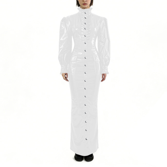Glossy PVC Long Pencil Dress Plus Size Womens Clothing Puff Long Sleeves Button Down Bodycon Dress Female Gothic Party Outfits