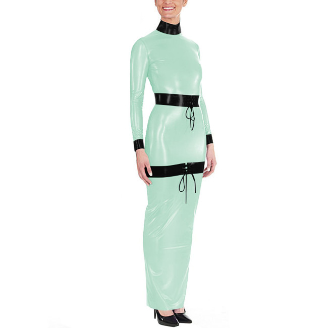 Sissy High Neck Glossy PVC Leather Maxi Dress Women's Long Sleeve Faux Latex-like Party Dress Fetish Clubwear Halloween Cosplay