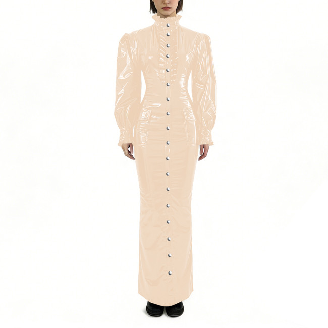 Glossy PVC Long Pencil Dress Plus Size Womens Clothing Puff Long Sleeves Button Down Bodycon Dress Female Gothic Party Outfits