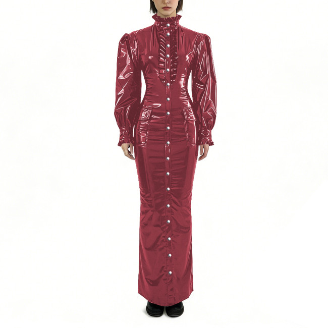 Glossy PVC Long Pencil Dress Plus Size Womens Clothing Puff Long Sleeves Button Down Bodycon Dress Female Gothic Party Outfits