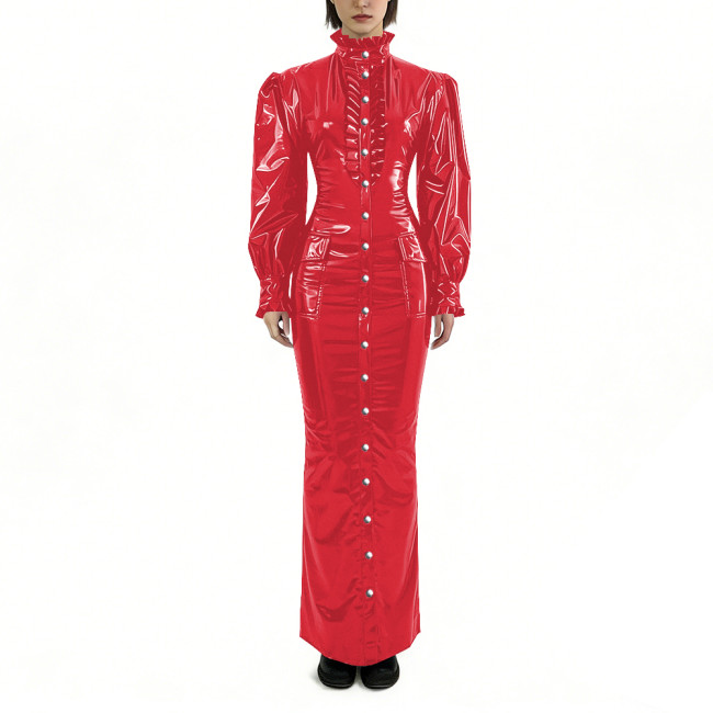Glossy PVC Long Pencil Dress Plus Size Womens Clothing Puff Long Sleeves Button Down Bodycon Dress Female Gothic Party Outfits