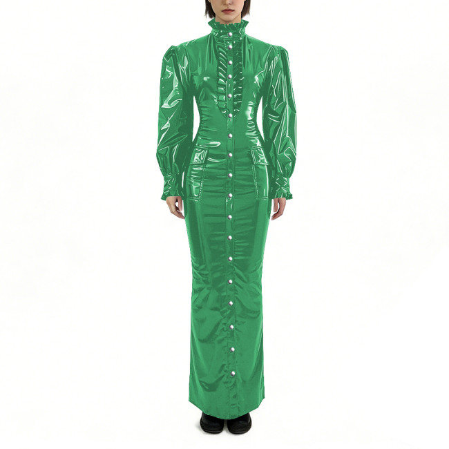 Glossy PVC Long Pencil Dress Plus Size Womens Clothing Puff Long Sleeves Button Down Bodycon Dress Female Gothic Party Outfits