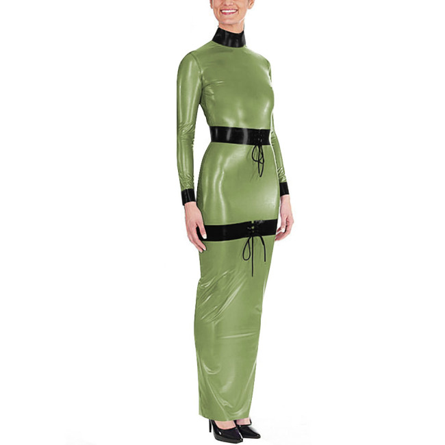 Sissy High Neck Glossy PVC Leather Maxi Dress Women's Long Sleeve Faux Latex-like Party Dress Fetish Clubwear Halloween Cosplay