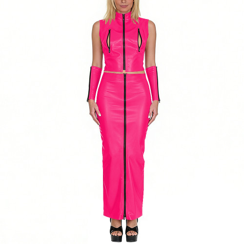 Club Sexy Matte Faux Leather 3-Piece Set Sleeveless Zip-Up Crop Top Long Skirt Arm Sleeves Exotic Party Cosplay Festival Outfits