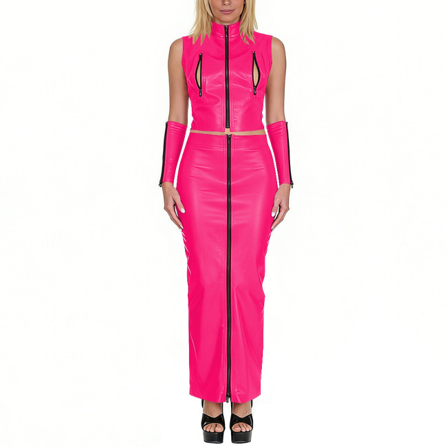 Club Sexy Matte Faux Leather 3-Piece Set Sleeveless Zip-Up Crop Top Long Skirt Arm Sleeves Exotic Party Cosplay Festival Outfits