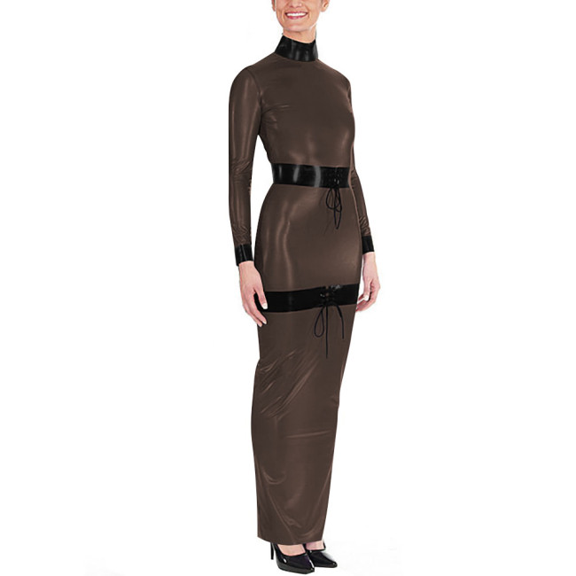 Sissy High Neck Glossy PVC Leather Maxi Dress Women's Long Sleeve Faux Latex-like Party Dress Fetish Clubwear Halloween Cosplay