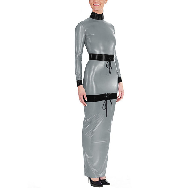 Sissy High Neck Glossy PVC Leather Maxi Dress Women's Long Sleeve Faux Latex-like Party Dress Fetish Clubwear Halloween Cosplay