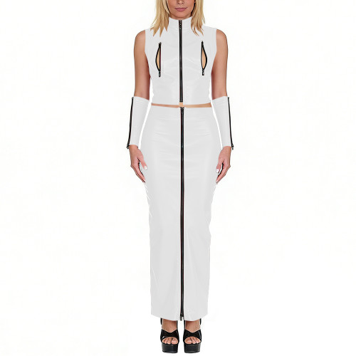 Club Sexy Matte Faux Leather 3-Piece Set Sleeveless Zip-Up Crop Top Long Skirt Arm Sleeves Exotic Party Cosplay Festival Outfits