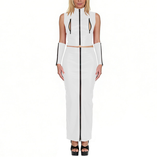 Club Sexy Matte Faux Leather 3-Piece Set Sleeveless Zip-Up Crop Top Long Skirt Arm Sleeves Exotic Party Cosplay Festival Outfits