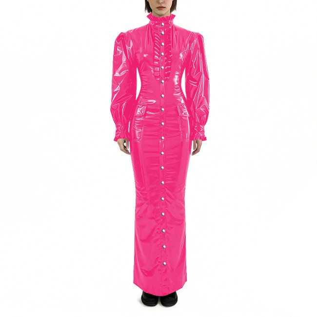 Glossy PVC Long Pencil Dress Plus Size Womens Clothing Puff Long Sleeves Button Down Bodycon Dress Female Gothic Party Outfits