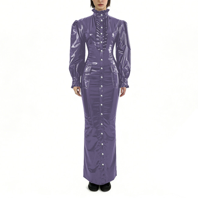 Glossy PVC Long Pencil Dress Plus Size Womens Clothing Puff Long Sleeves Button Down Bodycon Dress Female Gothic Party Outfits