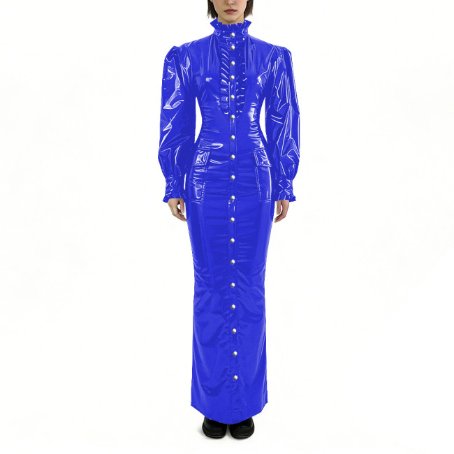 Glossy PVC Long Pencil Dress Plus Size Womens Clothing Puff Long Sleeves Button Down Bodycon Dress Female Gothic Party Outfits