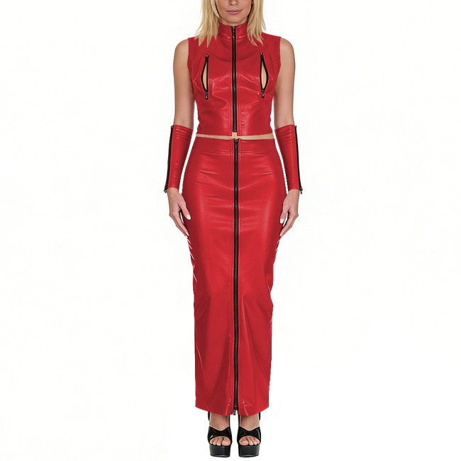 Club Sexy Matte Faux Leather 3-Piece Set Sleeveless Zip-Up Crop Top Long Skirt Arm Sleeves Exotic Party Cosplay Festival Outfits